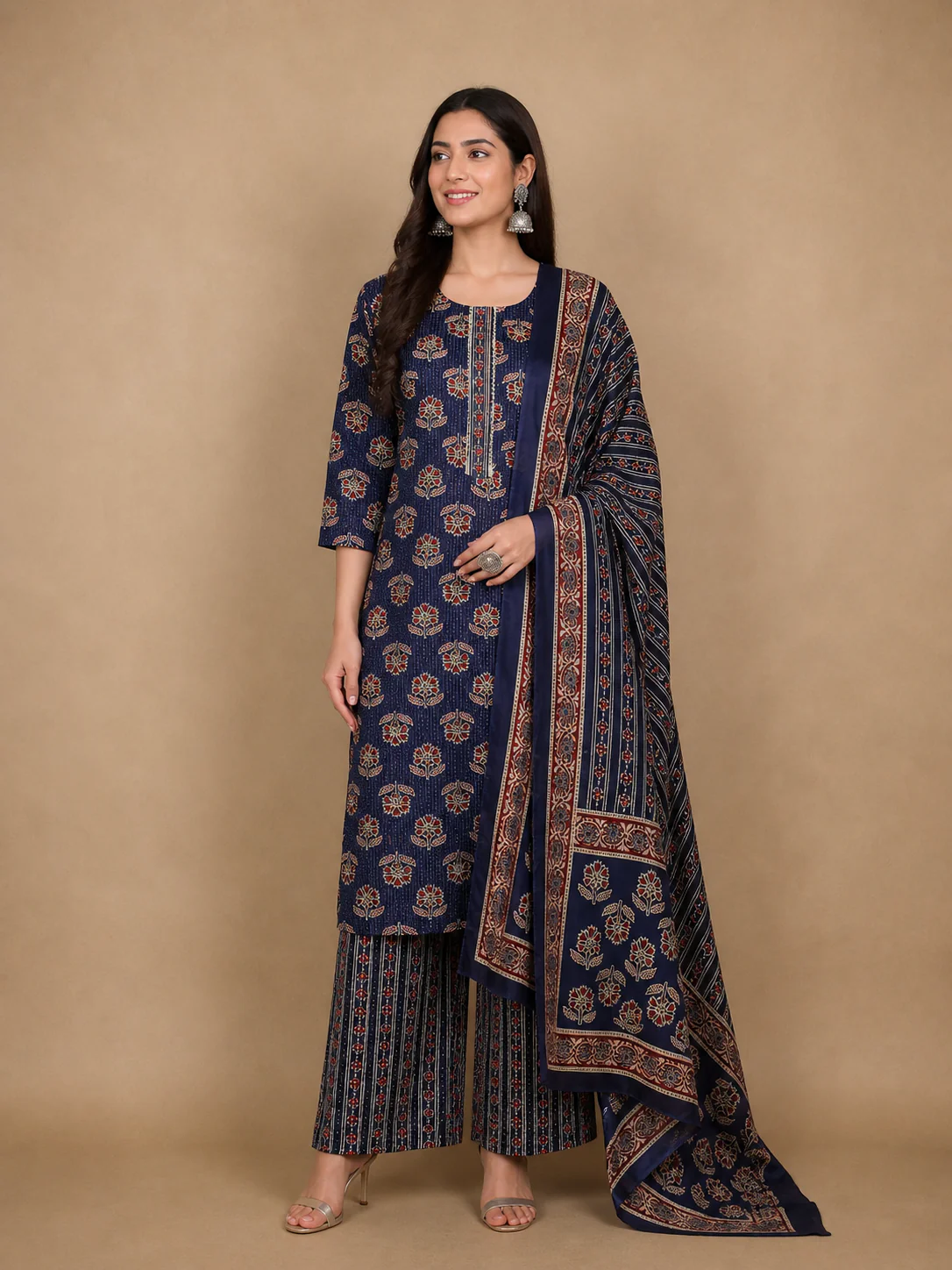 Dark Blue Floral Designed Cotton Salwar Suit